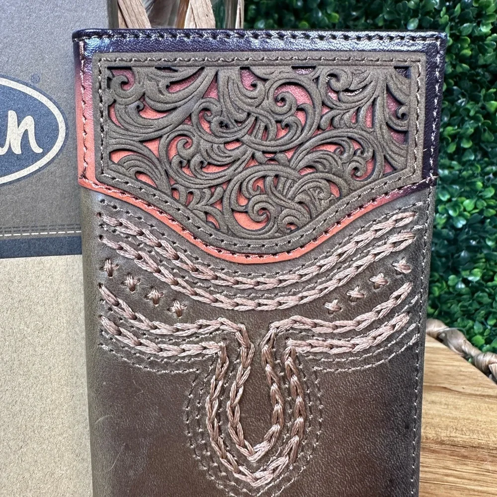 Justin Boots Brown Leather tooled rodeo‎ Wallet nwt
